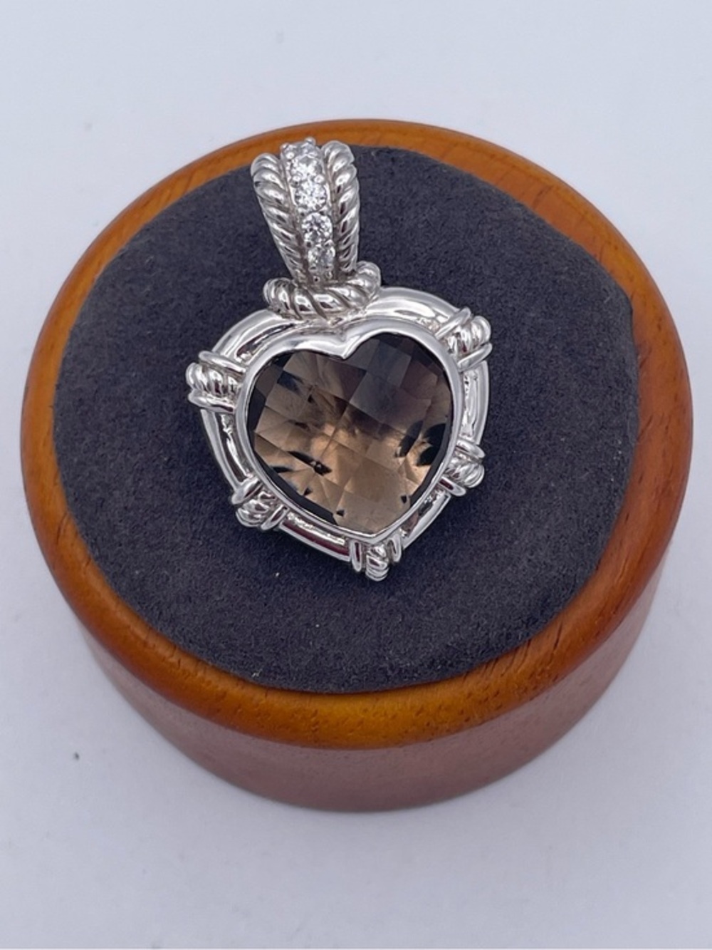 Judith Ripka Sterling Silver 925 Smoky Quartz Heart Pendant CZ Accents Heavy
